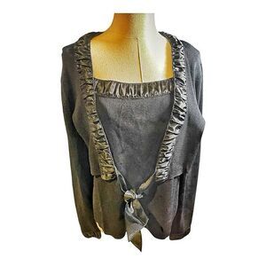 Bob Mackie Black Satin Trimmed Tie Front Luxury Classic  Sweater Size Large